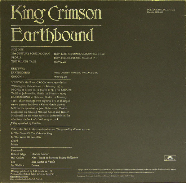 King Crimson : Earthbound (LP, Album, RE)