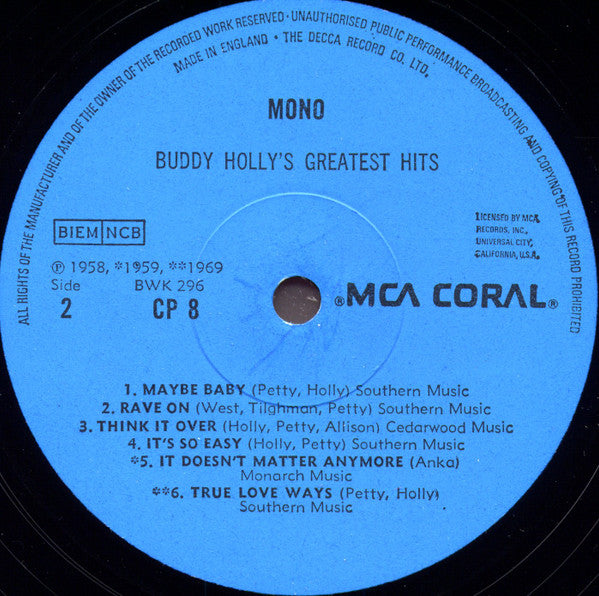 Buddy Holly : Greatest Hits (LP, Comp, Mono, RE)