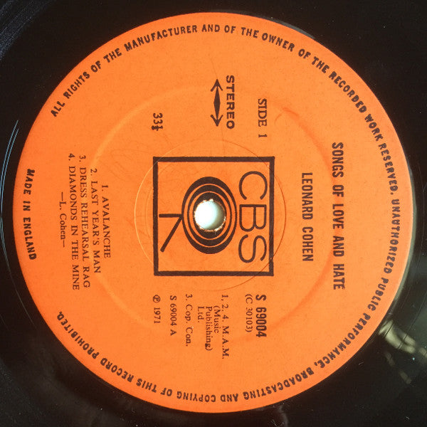Leonard Cohen : Songs Of Love And Hate (LP, Album)