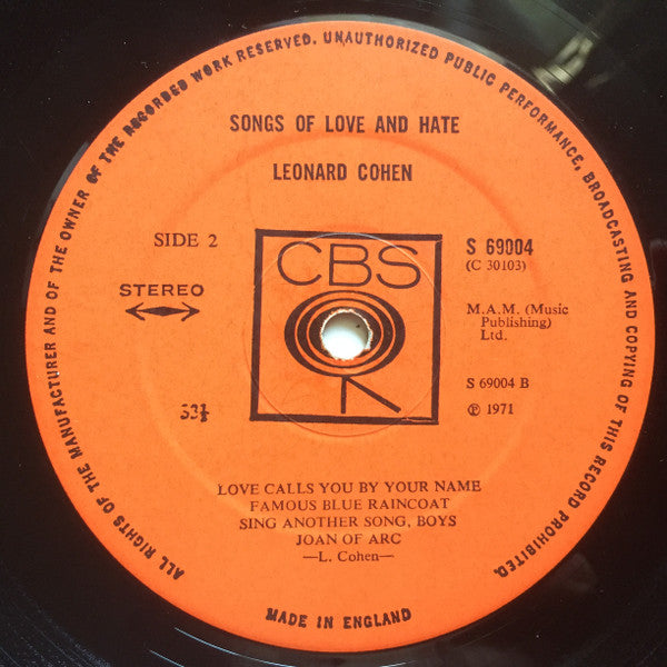 Leonard Cohen : Songs Of Love And Hate (LP, Album)