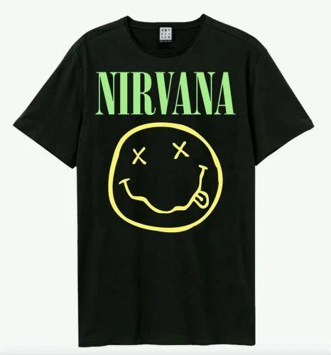 NIRVANA - Nirvana Smiley Green Neon Amplified Medium Vintage Charcoal T Shirt